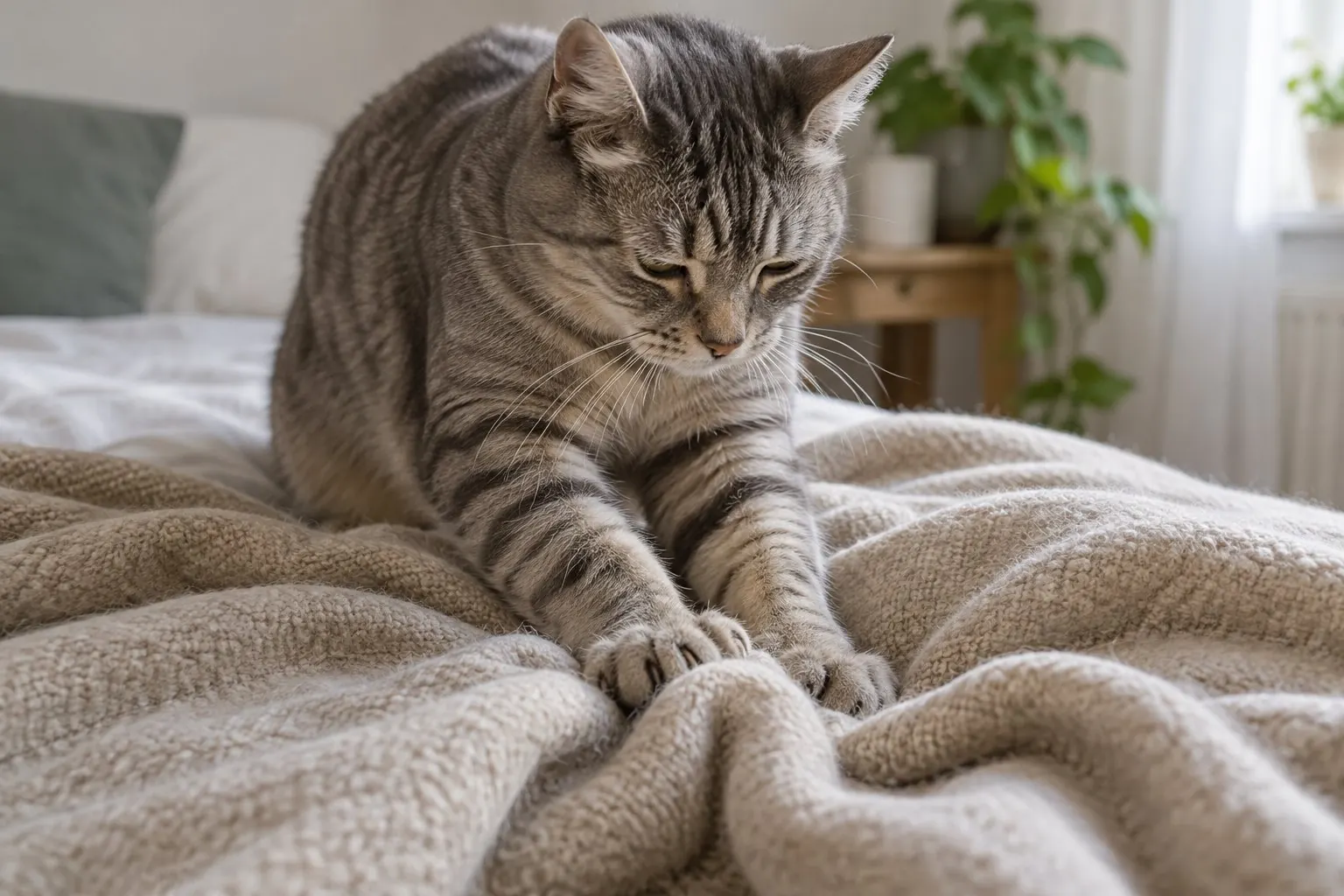 Кошка разминает лапами мягкое одеяло